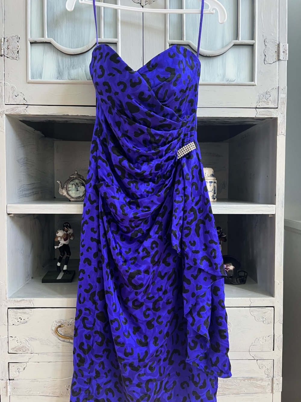 Strapless Royal Purple Leopard-Print Evening Dress with Rhinestone Detail